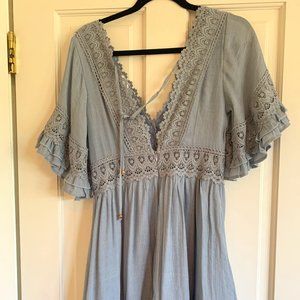 Blue Embroidered Trim Dress